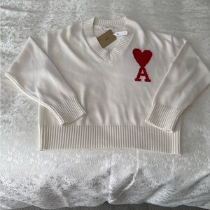 Ami Cream Knit with Red Heart Accent